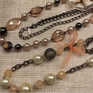 Set of Two 32” Necklaces Silver Tone Chain Faux Pearls Beads and Pink Ribbon